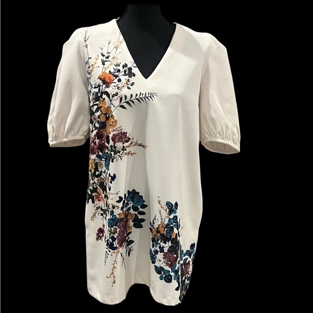 Zara Floral V-Neck mini Dress with Puff Sleeves size Medium